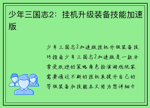 少年三国志2：挂机升级装备技能加速版