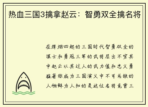 热血三国3擒拿赵云：智勇双全擒名将